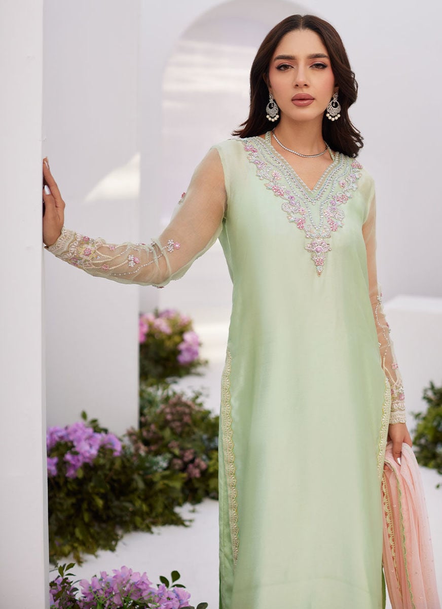 Collette Mint Ombre Embellished Column Kalidaar With Embroidered Slip And Dupatta