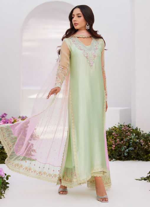 Collette Mint Ombre Embellished Column Kalidaar With Embroidered Slip And Dupatta