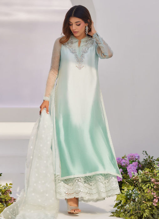 Solene Aqua Ombre Embellished Column Shirt With Embroidered Kalidaar Slip