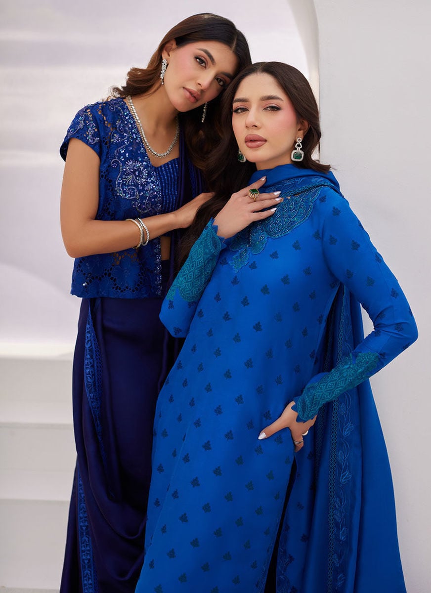 Charr Blue Embroidered Raw Silk Shirt And Dupatta