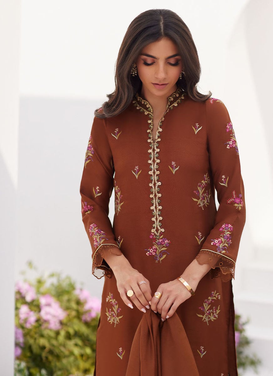 Noemie Chocolate Embroidered Raw Silk Shirt And Dupatta