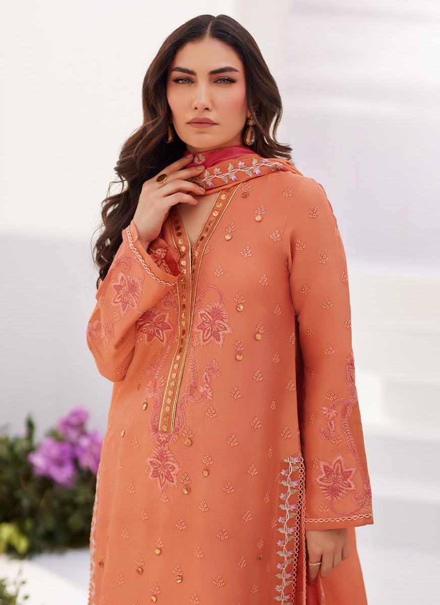 Elyna Coral Embroidered Raw Silk Shirt And Dupatta