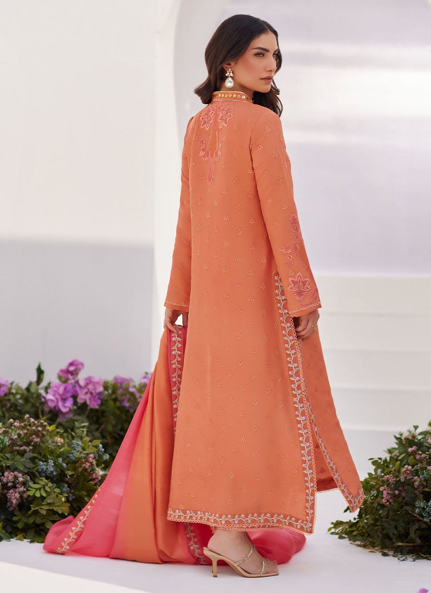 Elyna Coral Embroidered Raw Silk Shirt And Dupatta