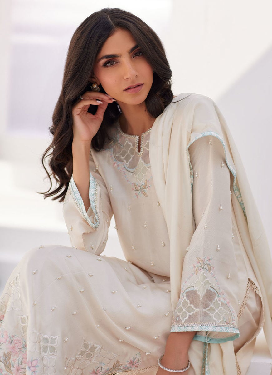 Lya Ivory Embellished Raw Silk Shirt And Dupatta