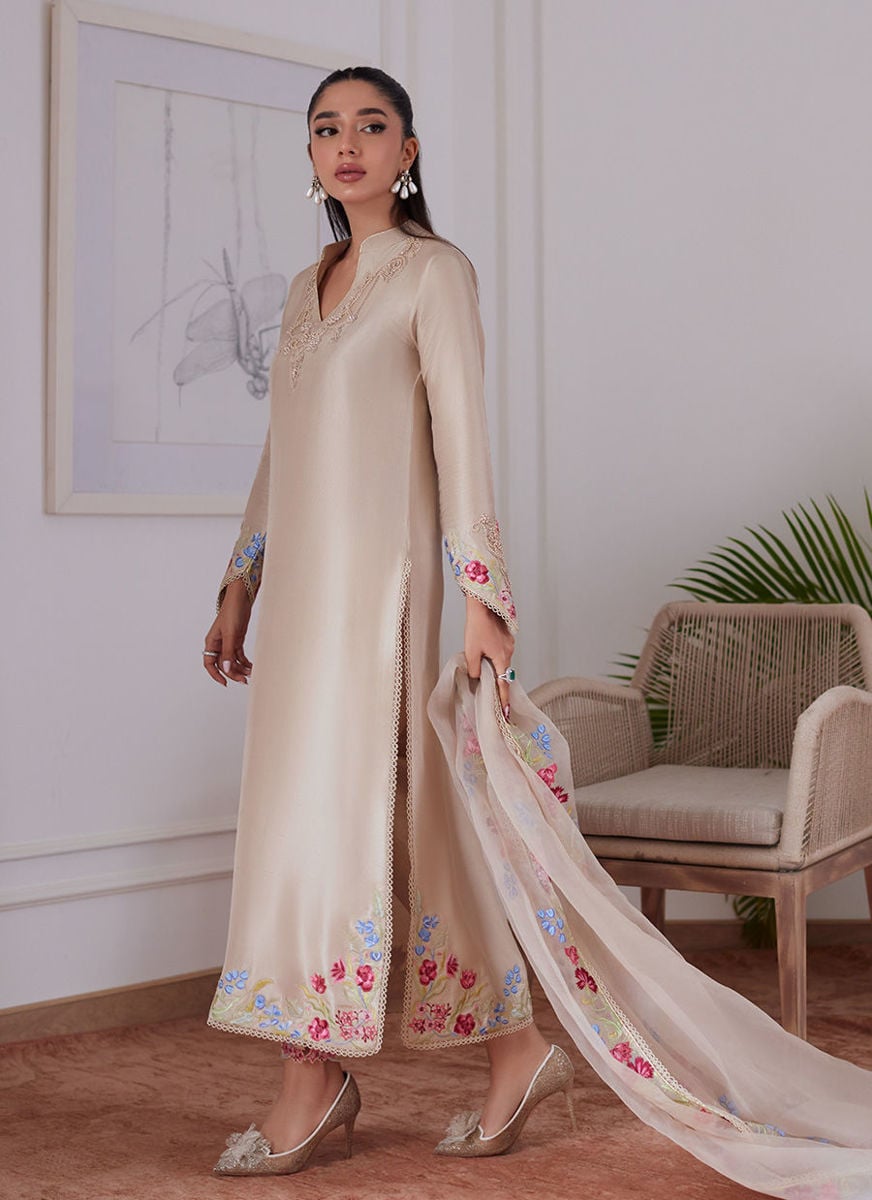 Liara Sand Embroidered Rawsilk Shirt And Dupatta