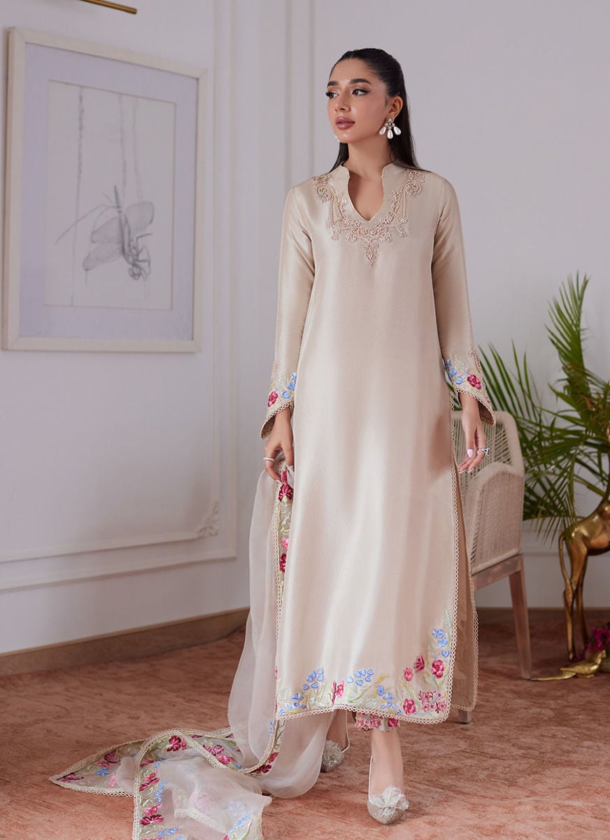 Liara Sand Embroidered Rawsilk Shirt And Dupatta with Pants