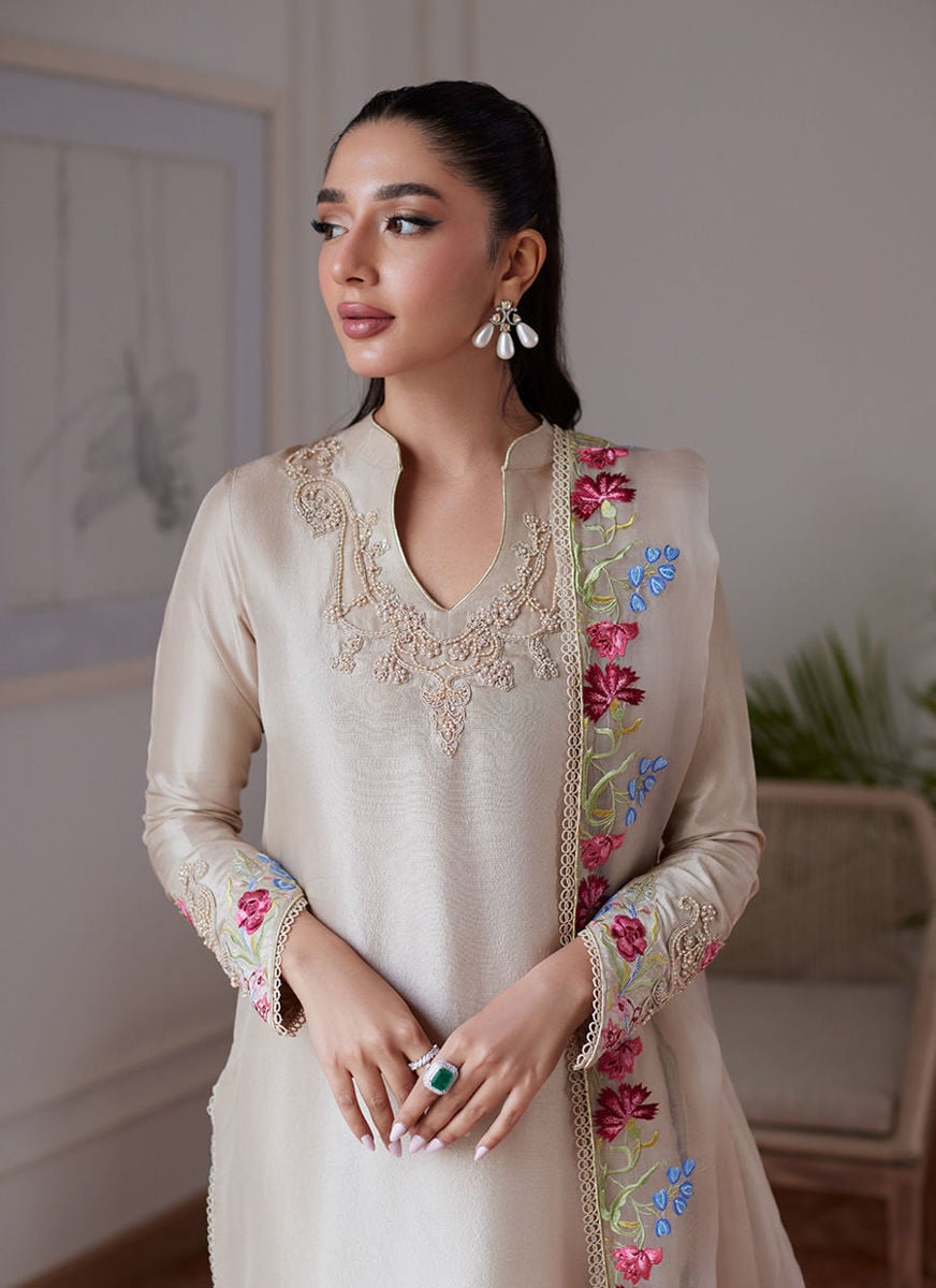 Liara Sand Embroidered Rawsilk Shirt And Dupatta with Pants