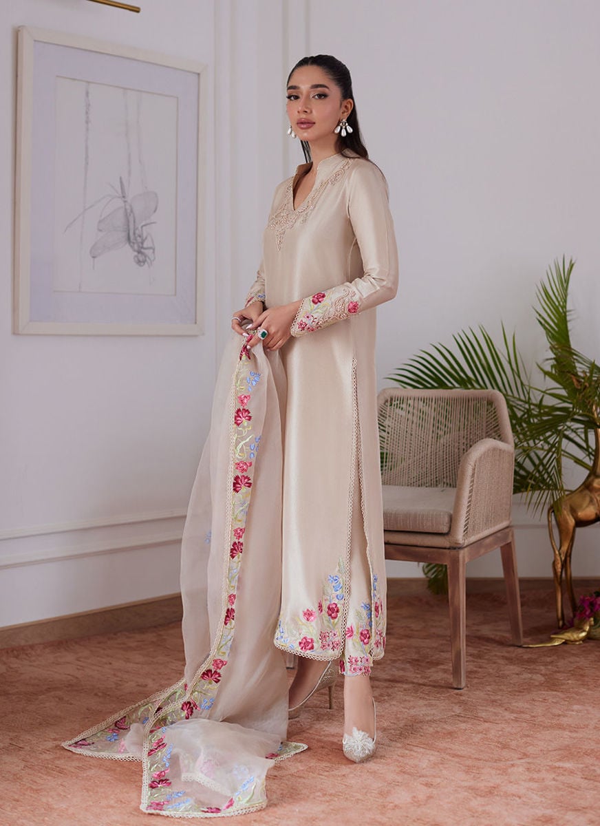 Liara Sand Embroidered Rawsilk Shirt And Dupatta with Pants