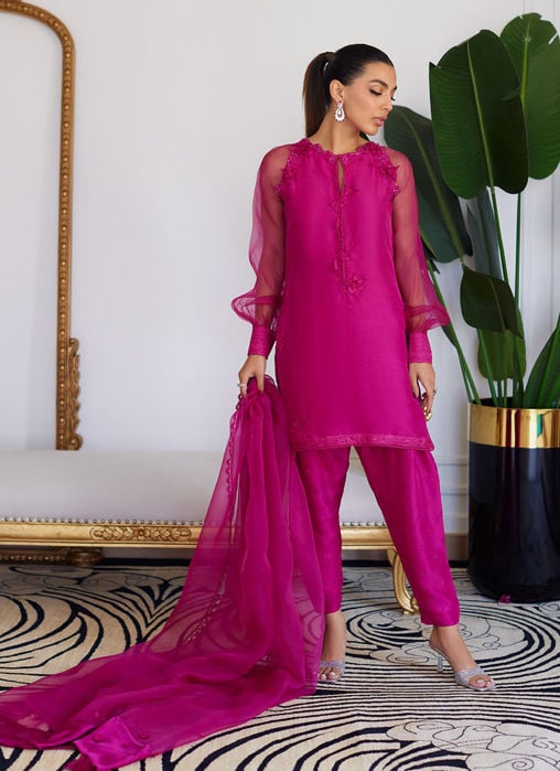 Elio Hot Pink Raw Silk Shirt, Shalwar With Dupatta