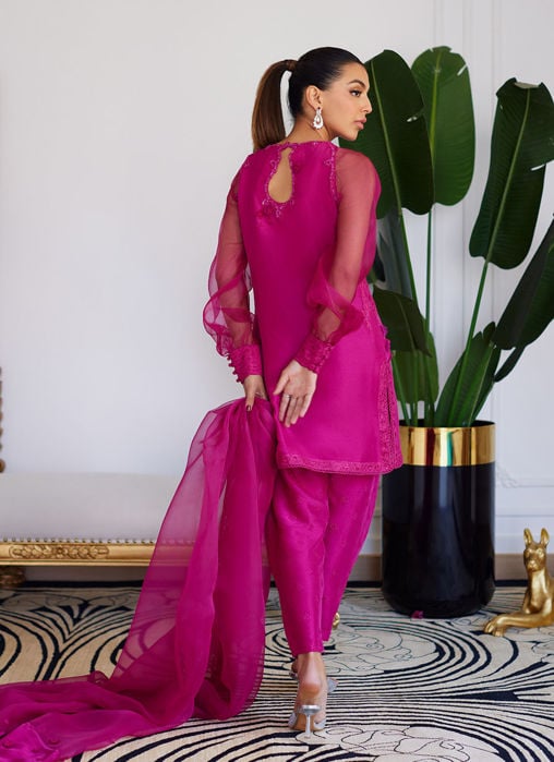 Elio Hot Pink Raw Silk Shirt, Shalwar With Dupatta