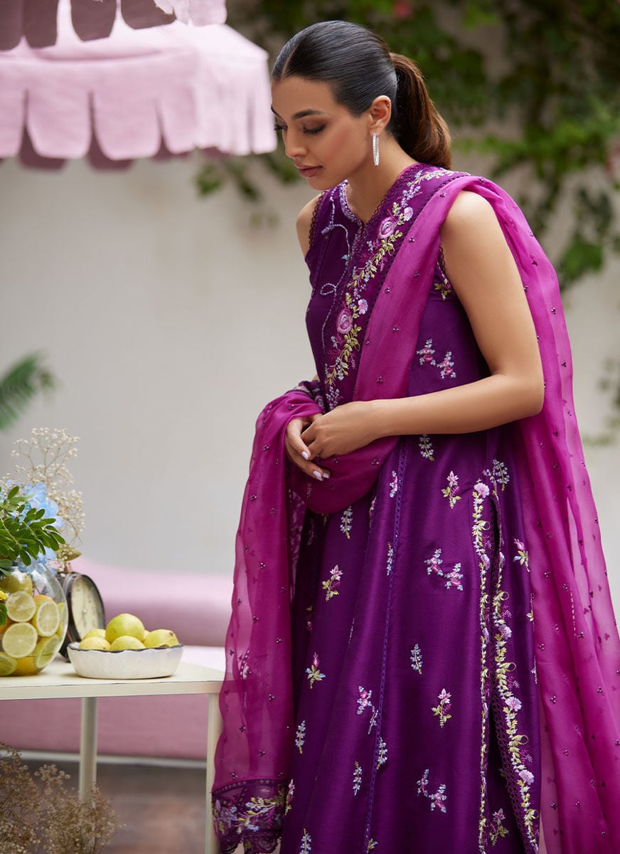 Irina Plum Embroidered Raw Silk Shirt With Dupatta