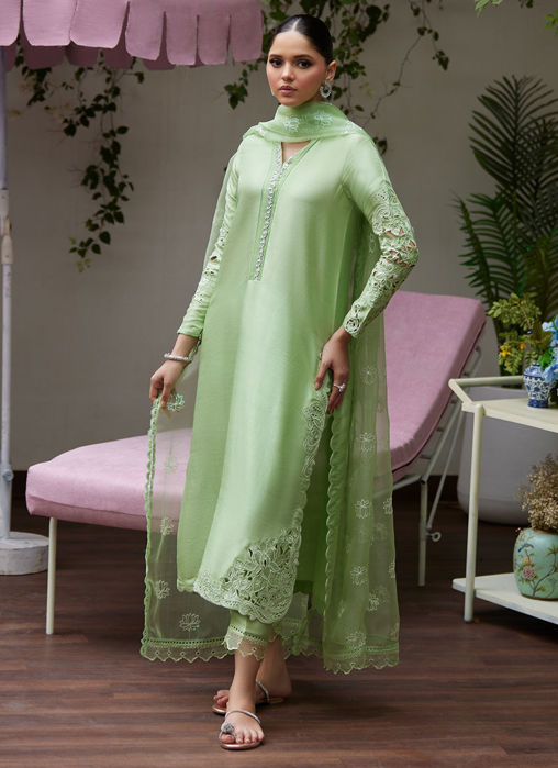 Katya Apple Green Cutwork Raw Silk Shirt With Organza Dupatta