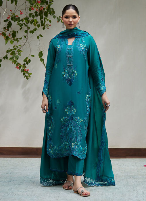 Leona Emerald Embroidered Cotton Net Shirt with Silk Dupatta
