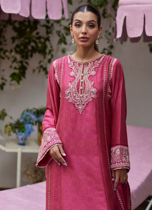 Feo Crimson Embroidered Raw Silk Shirt And Dupatta