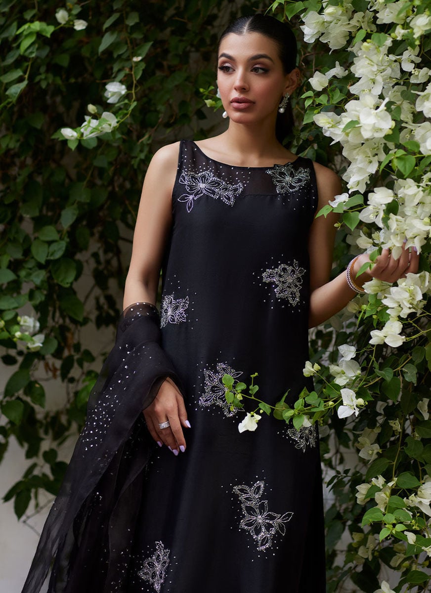 Lev Onyx Embellished Raw Silk Shirt And Organza Dupatta