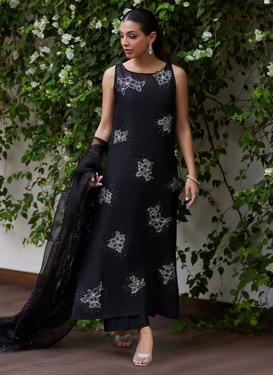 Lev Onyx Embellished Raw Silk Shirt And Organza Dupatta