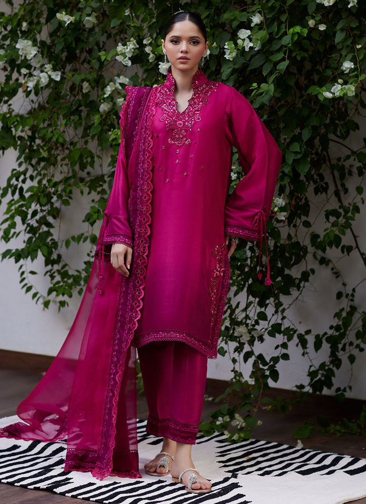 Yeliza Raspberry Ombre Raw Silk Shirt and Dupatta | FTA