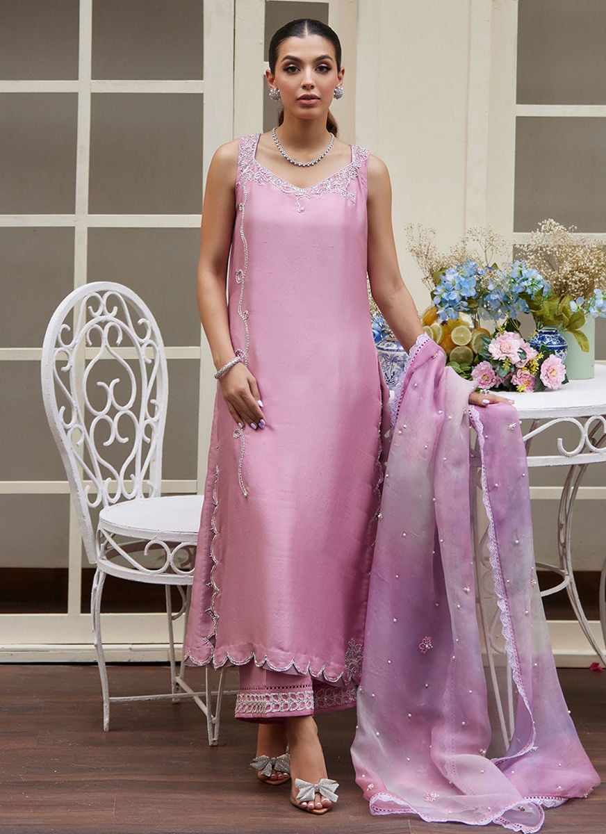 Ninel Lilac Embellished Raw Silk Shirt With Printed Organza Dupatta