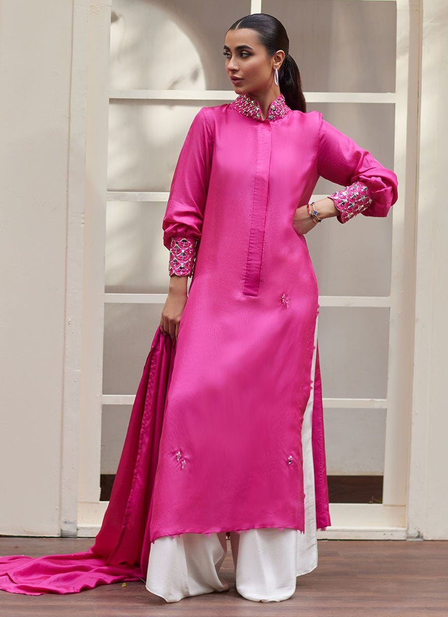 Vanka Fuschia Raw Silk Shirt And Dupatta