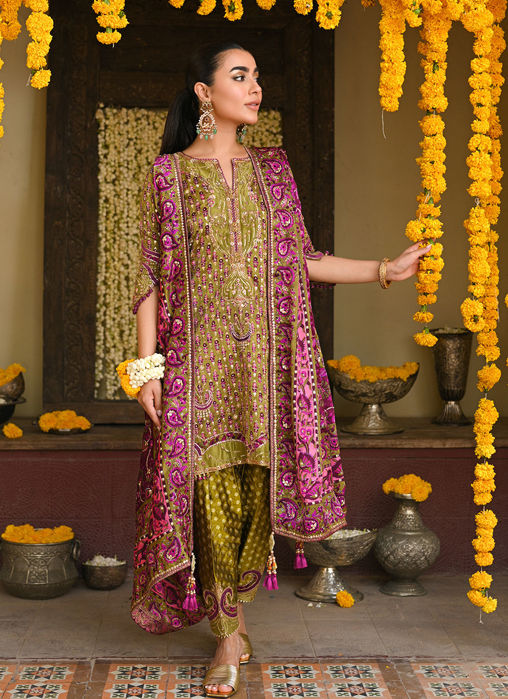 Picture of Alira Mehndi Green Kurta And Shalwar With Embellished Block Print Dupatta