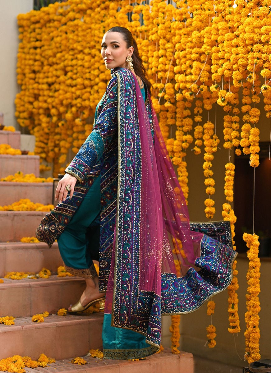 Halia Teal Block Printed Kurta, Izaar Dupatta