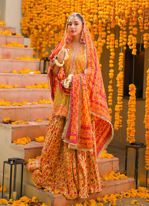 Picture of Losalie Saffaron Embellished Shirt Block Print Gharara And Dupatta