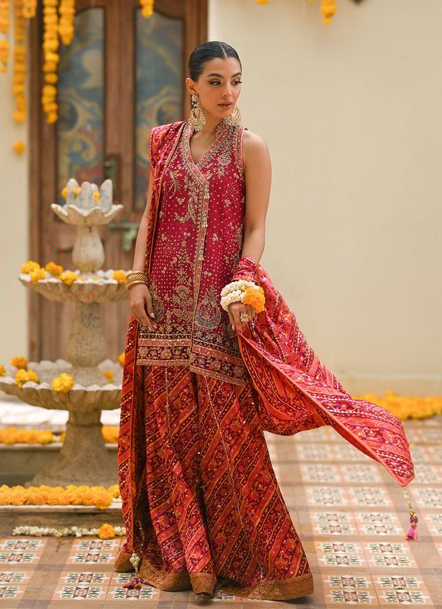 Primrose Crimson Angharkha, Embellished Do-Paincha Dhakha And Block Print Dupatta