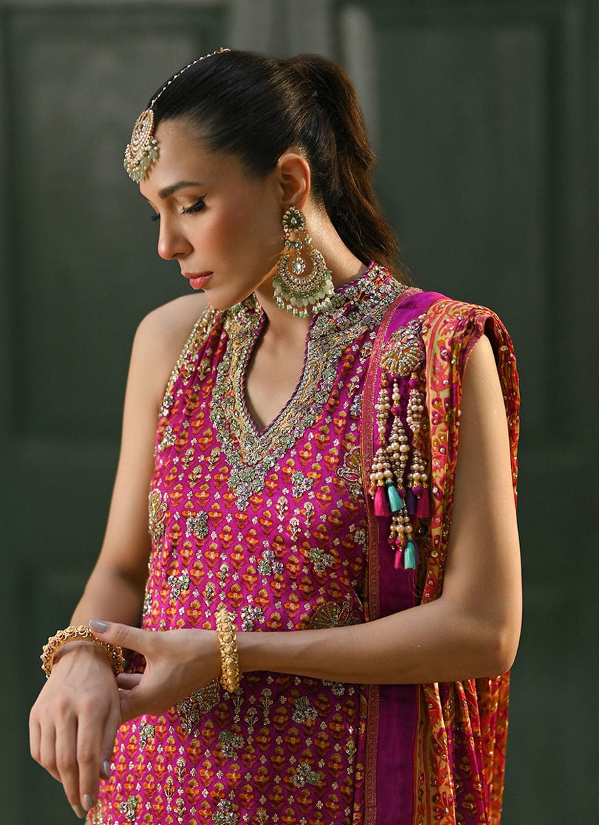 Ayala Magenta Pink Block Printed Shirt Dupatta And Lengha