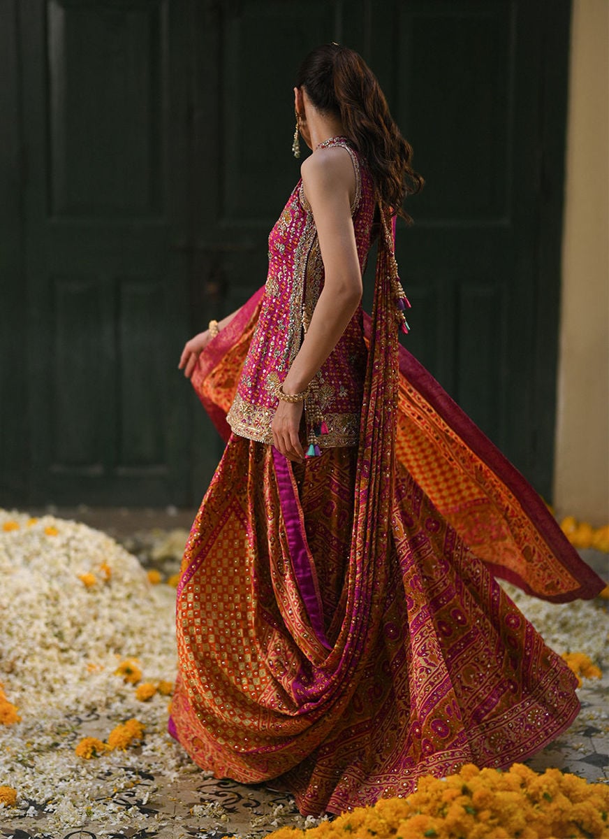Ayala Magenta Pink Block Printed Shirt Dupatta And Lengha