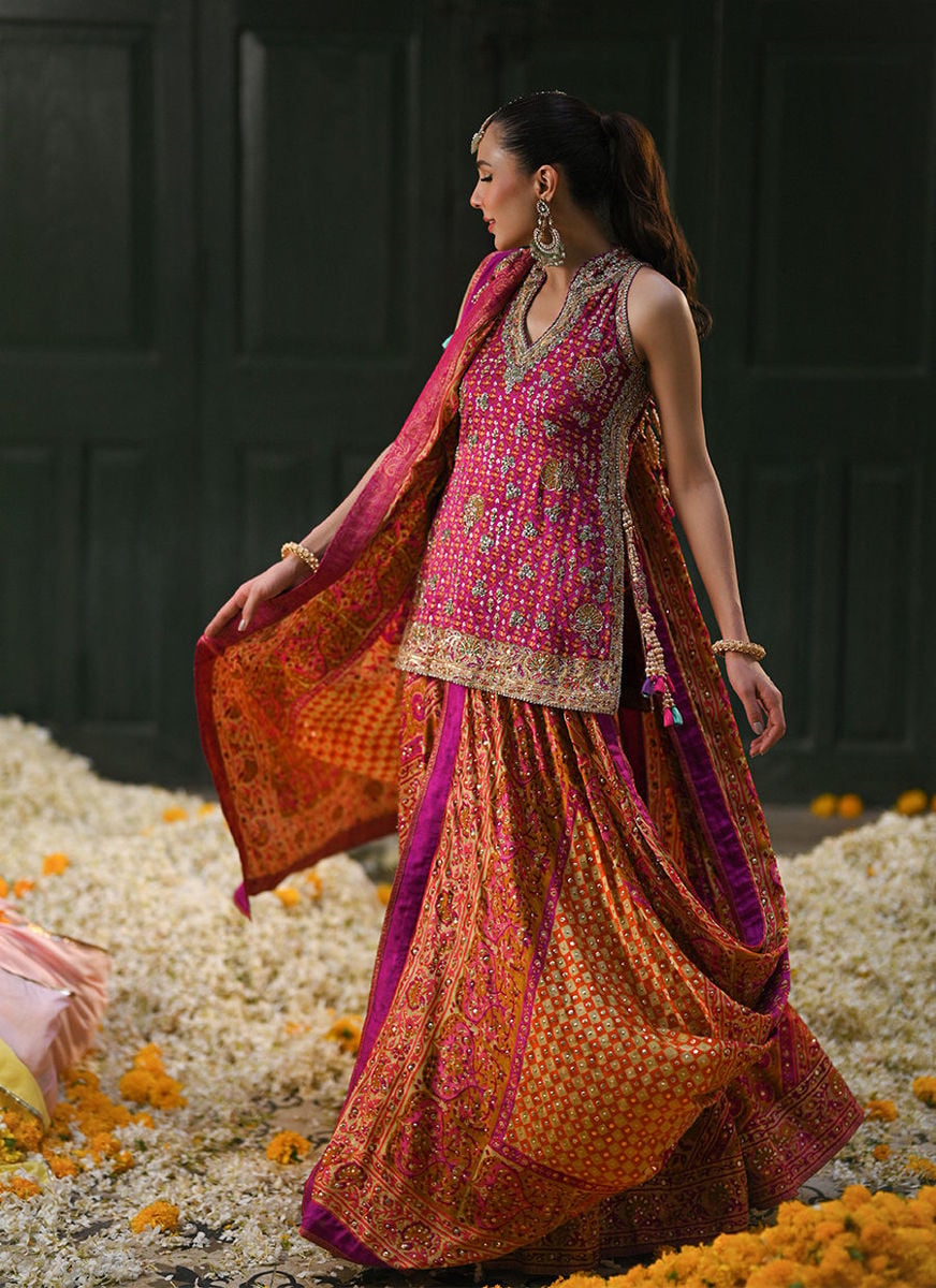 Ayala Magenta Pink Block Printed Shirt Dupatta And Lengha