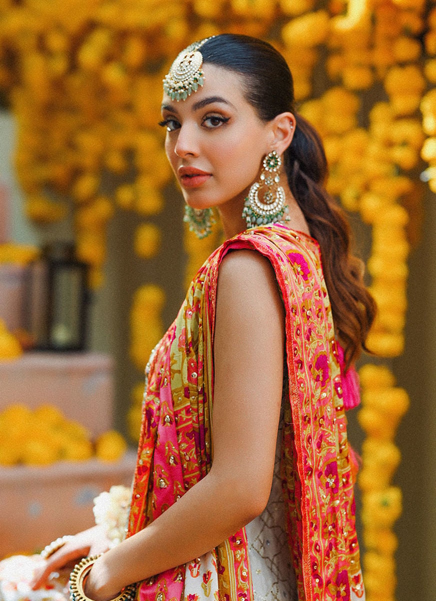 Marilla Ivory Short Shirt With Lengha And Block Printed Dupatta