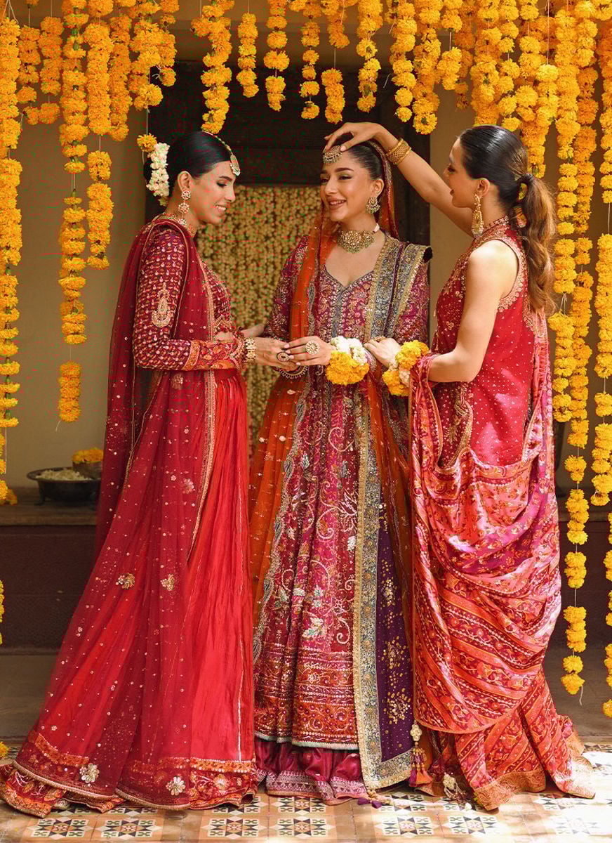 Primrose Crimson Angharkha, Embellished Do-Paincha Dhakha And Block Print Dupatta