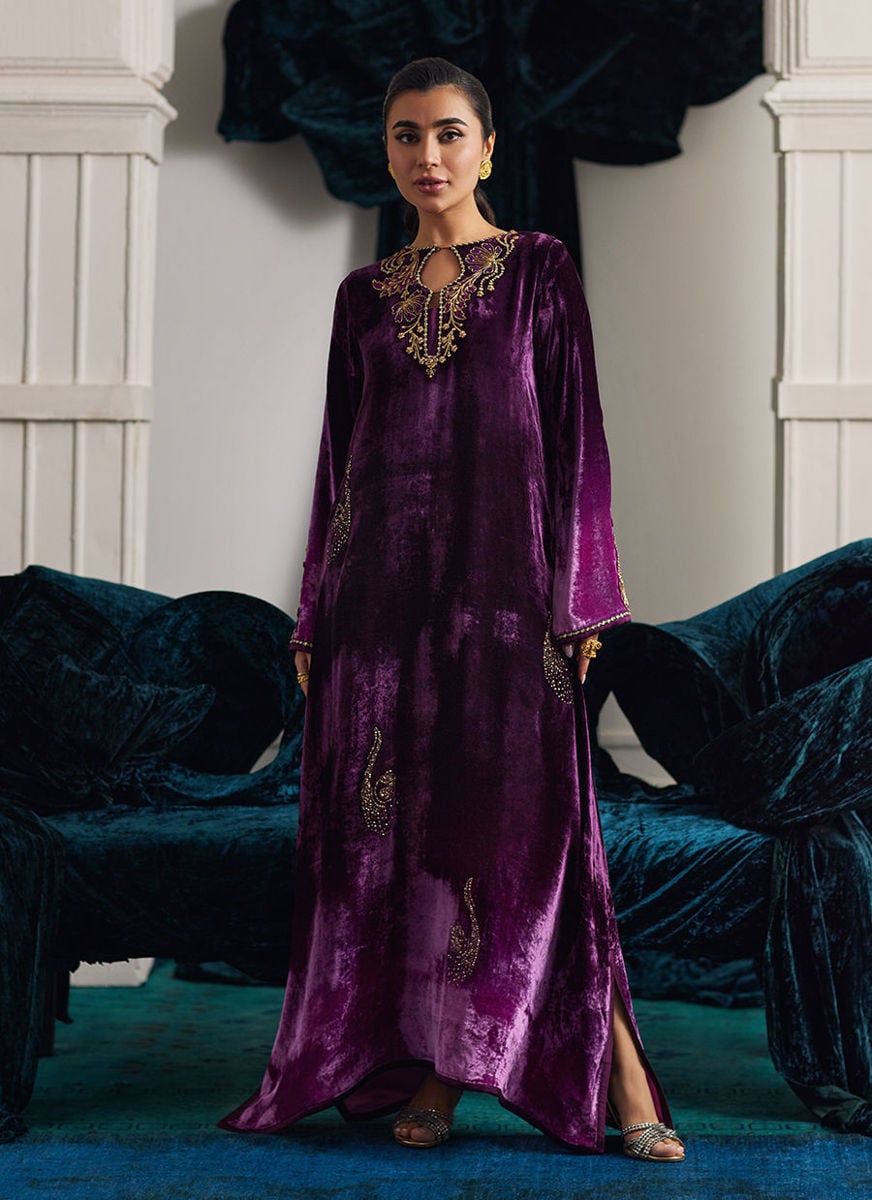 Nia Ombre Velvet Kaftan with pants and dupatta