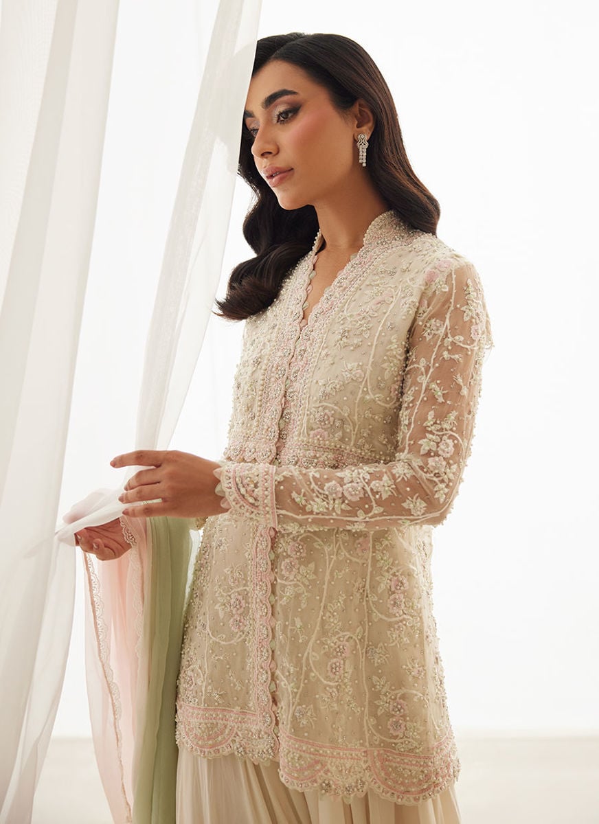 Zariah Ivory Peplum, Lehenga And Dupatta