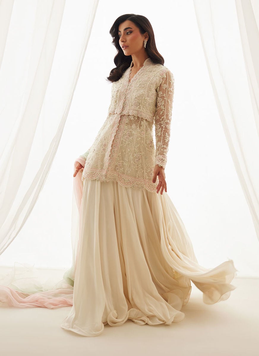 Zariah Ivory Peplum, Lehenga And Dupatta