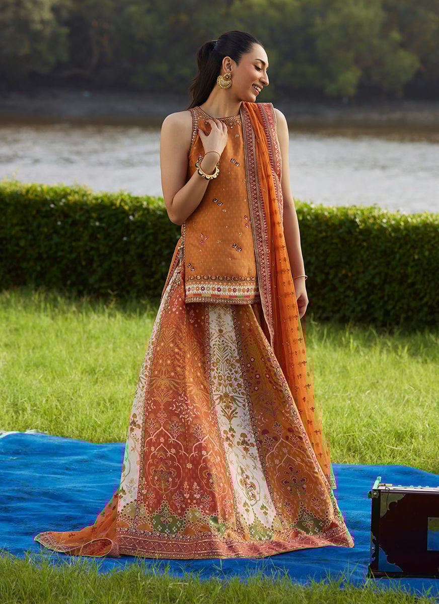Sitar Saffron Shirt, Dupatta and Lehenga