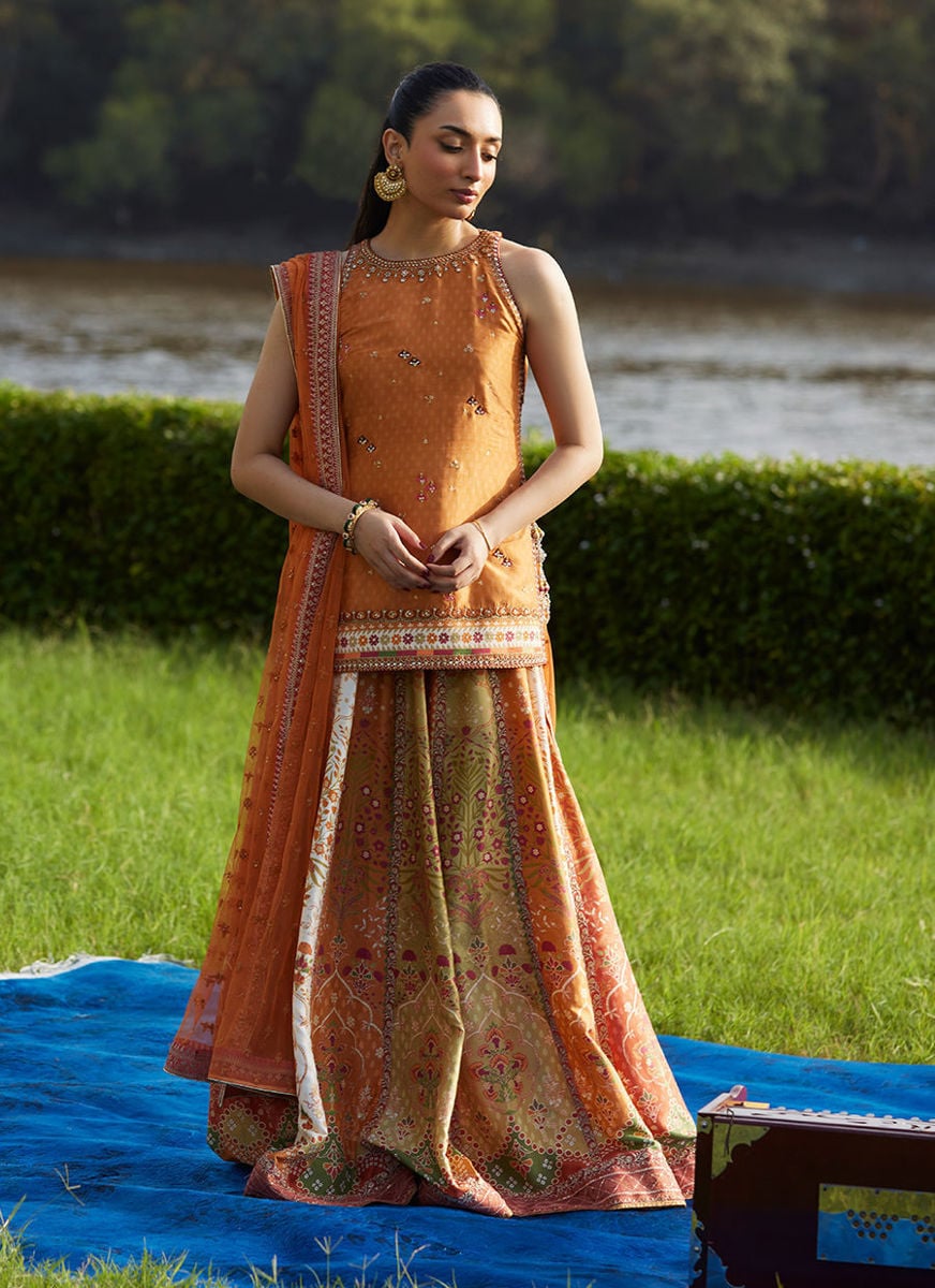 Sitar Saffron Shirt, Dupatta and Lehenga