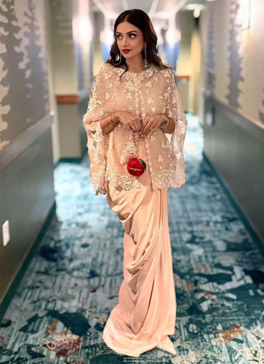 Dr. Huda in Cari Organza Cape and Pre-Drape Sari Skirt
