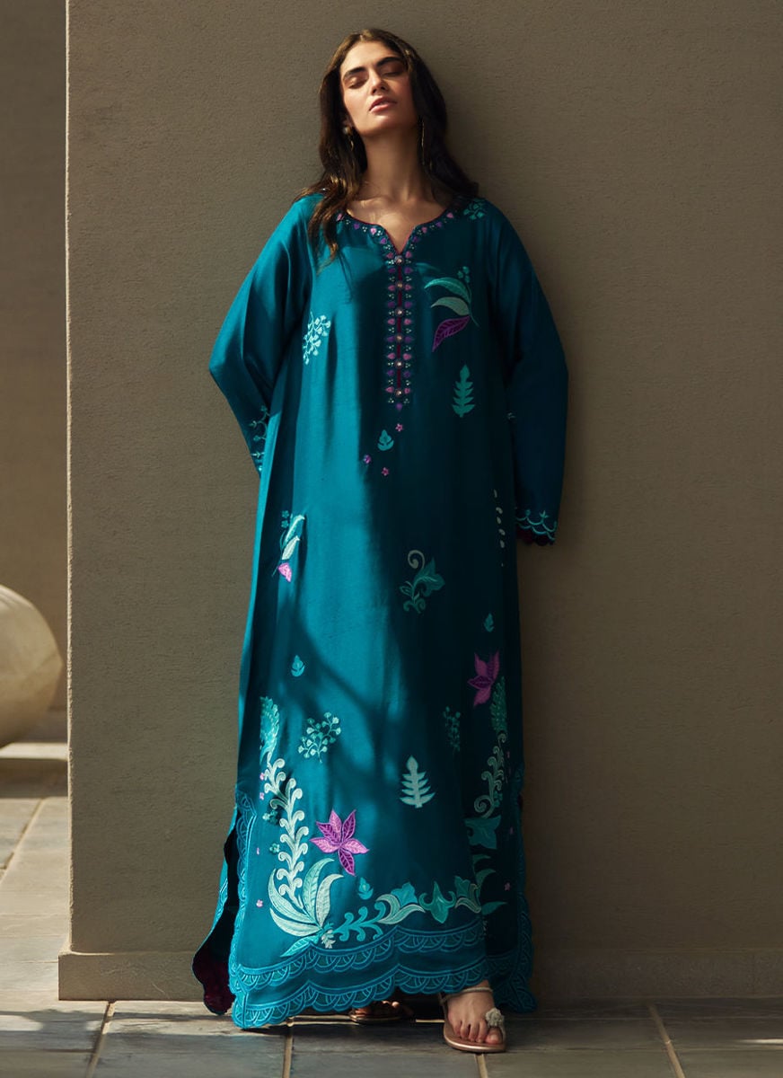 Azurea Teal Silk Kaftan