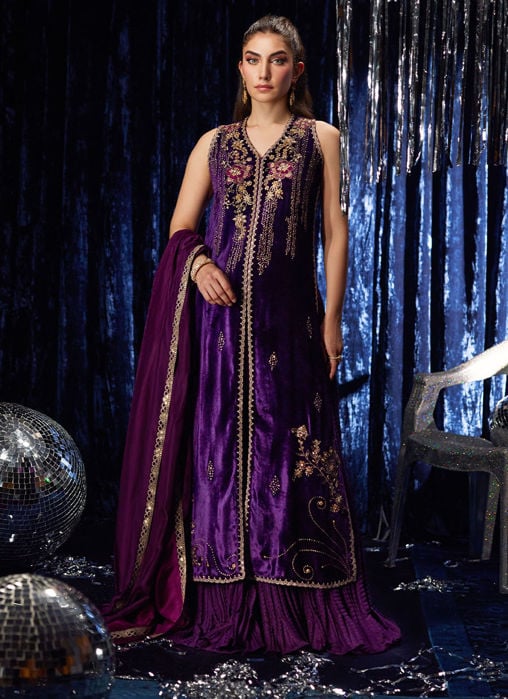 Amima Aubergine Shirt And Dupatta with pants