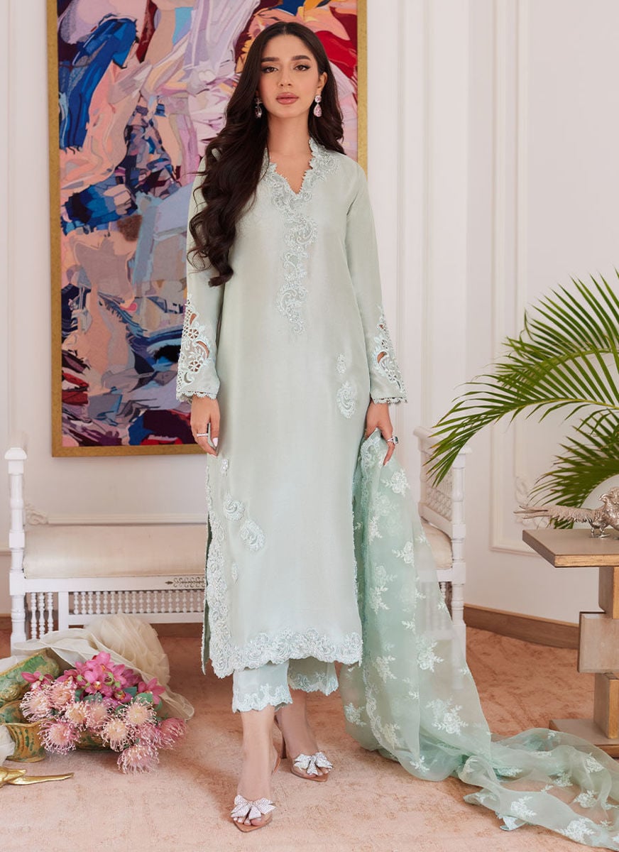 Liara Pistachio Embroidered Raw Silk Shirt, Pants and Dupatta