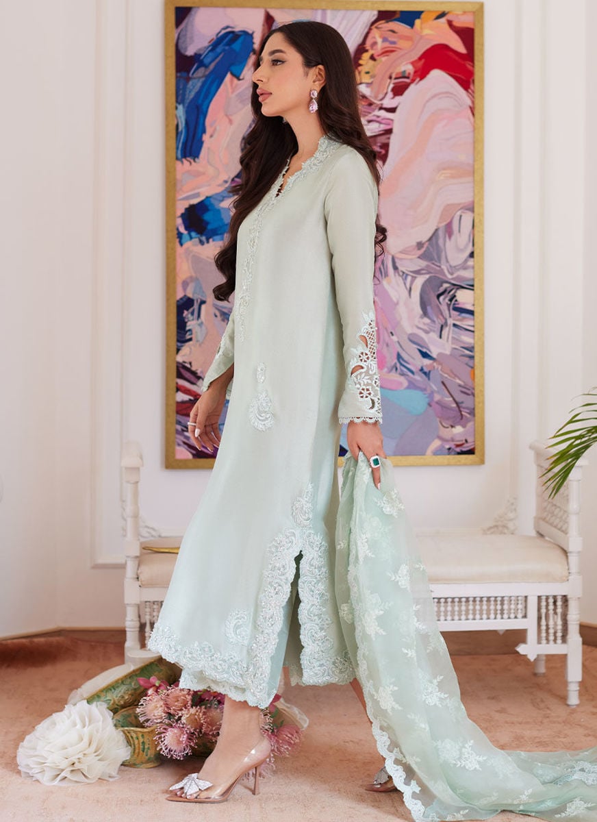 Liara Pistachio Embroidered Raw Silk Shirt, Pants and Dupatta