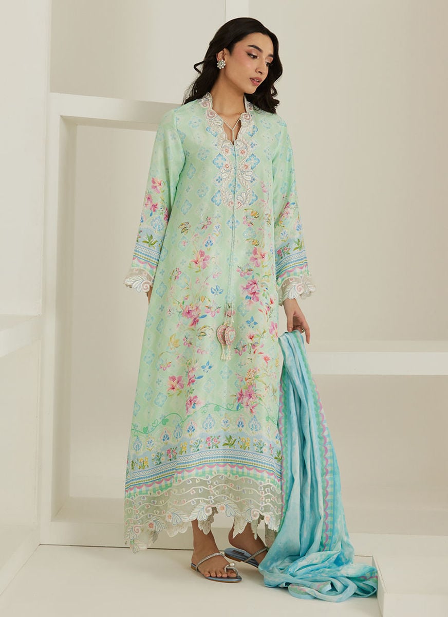 Runa Aqua Kaftan And Dupatta