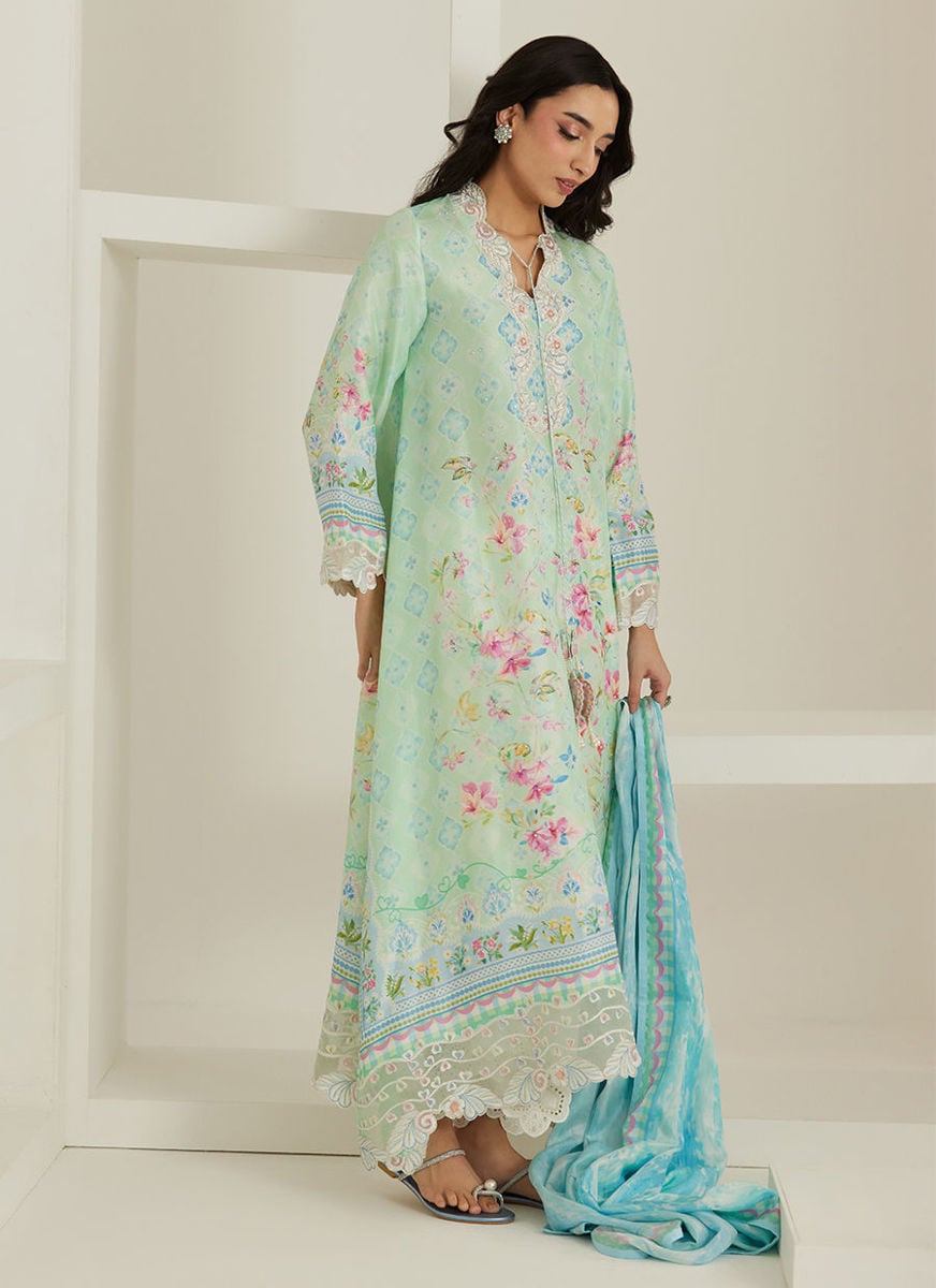 Runa Aqua Kaftan And Dupatta